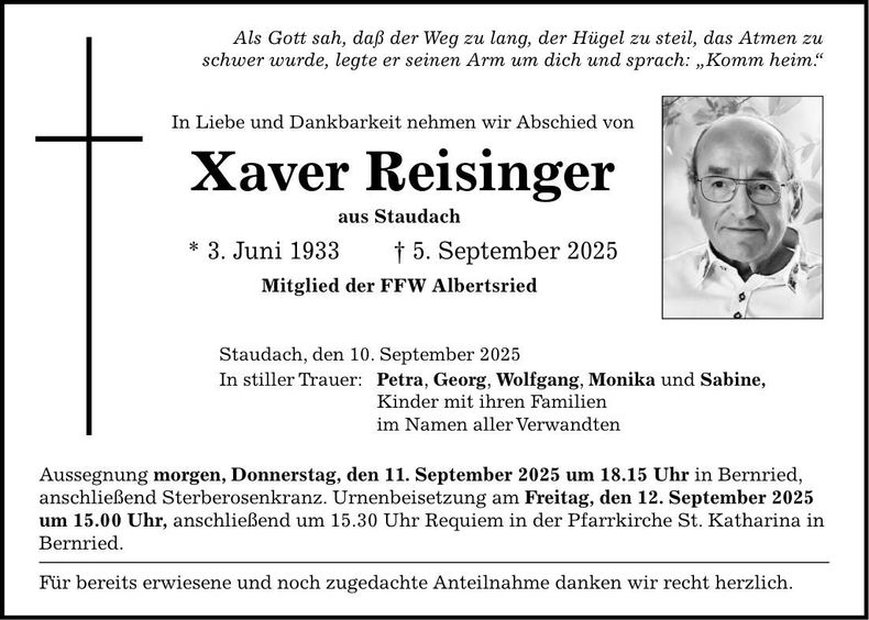 Traueranzeige Xaver Reisinger