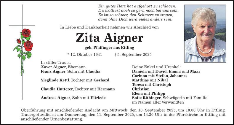 Traueranzeige Zita Aigner
