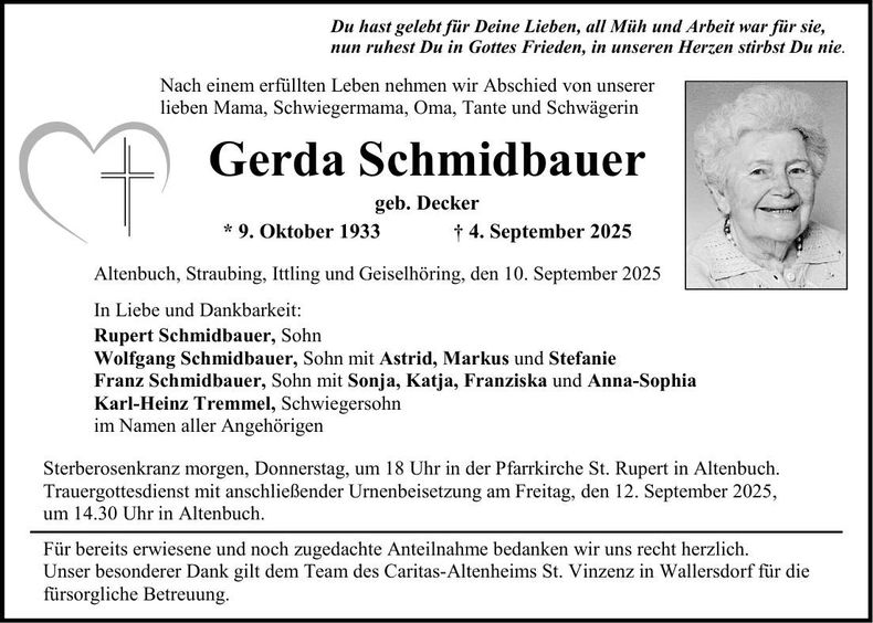 Traueranzeige Gerda Schmidbauer