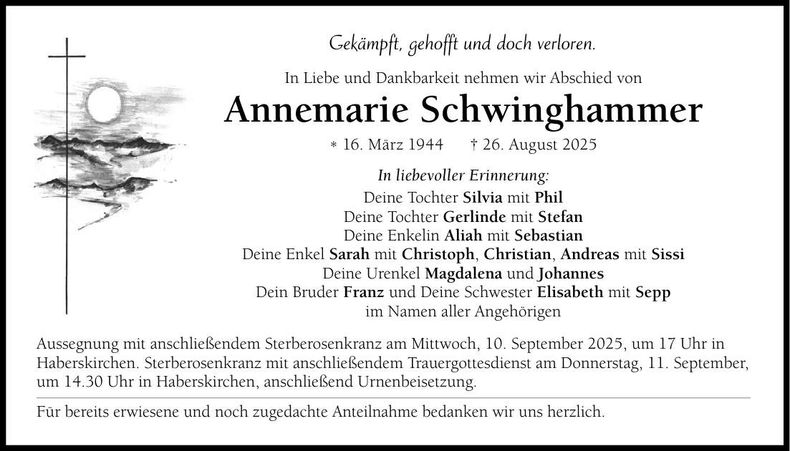 Traueranzeige Annemarie Schwinghammer