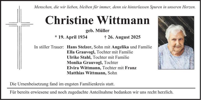 Traueranzeige Christine Wittmann