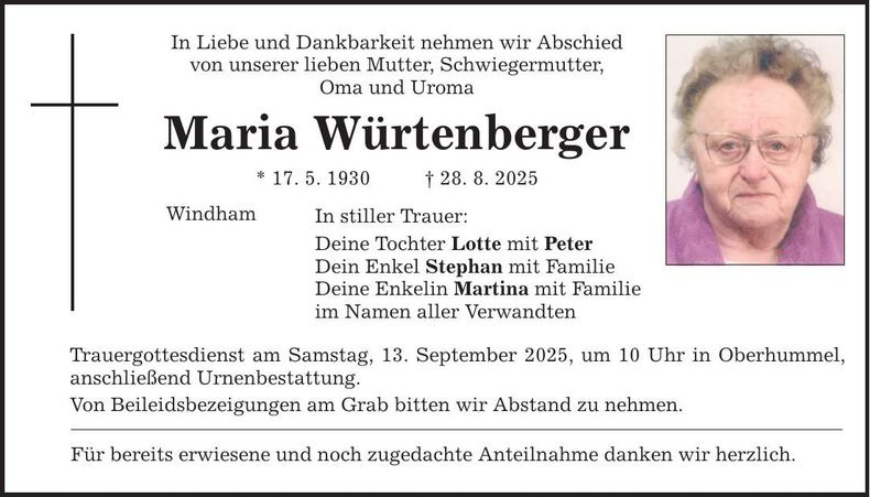 Traueranzeige Maria Würtenberger