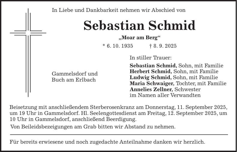 Traueranzeige Sebastian Schmid