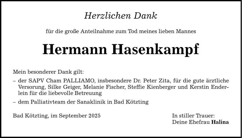Traueranzeige Hermann Hasenkampf