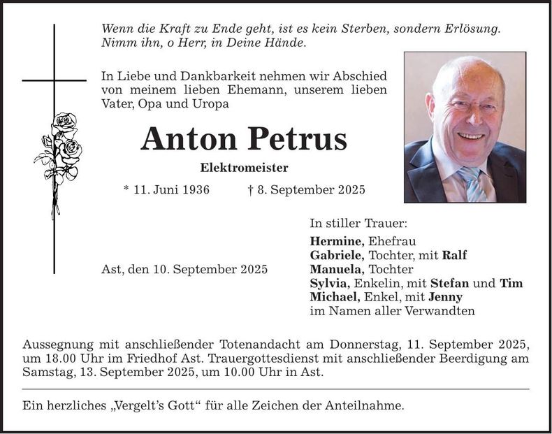 Traueranzeige Anton Petrus