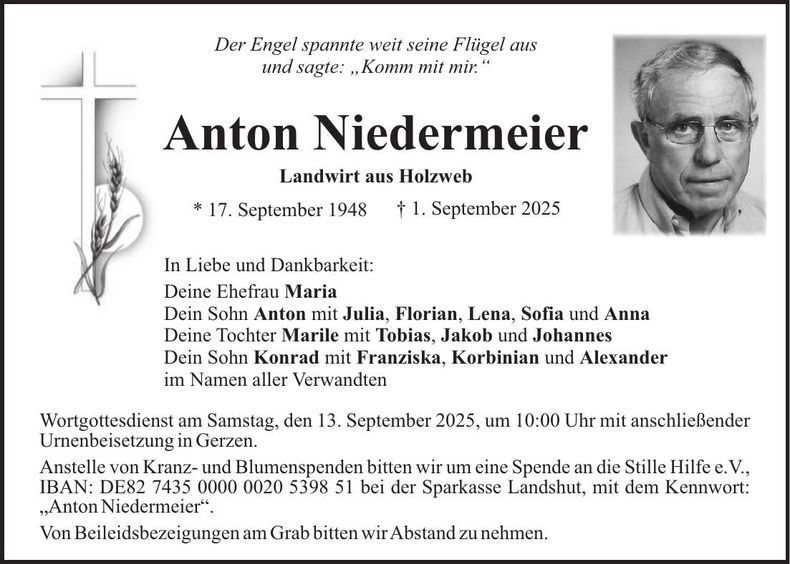 Traueranzeige Anton Niedermeier