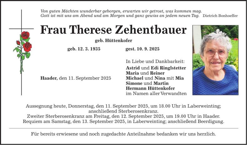 Traueranzeige Therese Zehentbauer