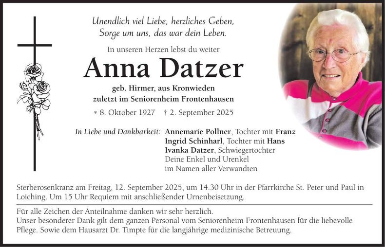 Traueranzeige Anna Datzer