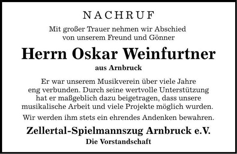 Traueranzeige Oskar Weinfurtner