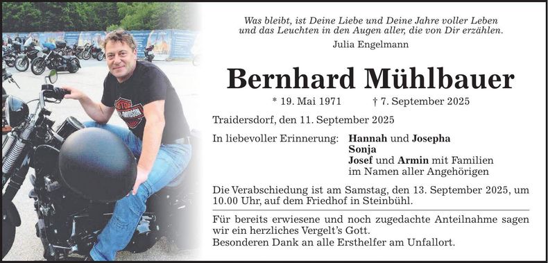 Traueranzeige Bernhard Mühlbauer