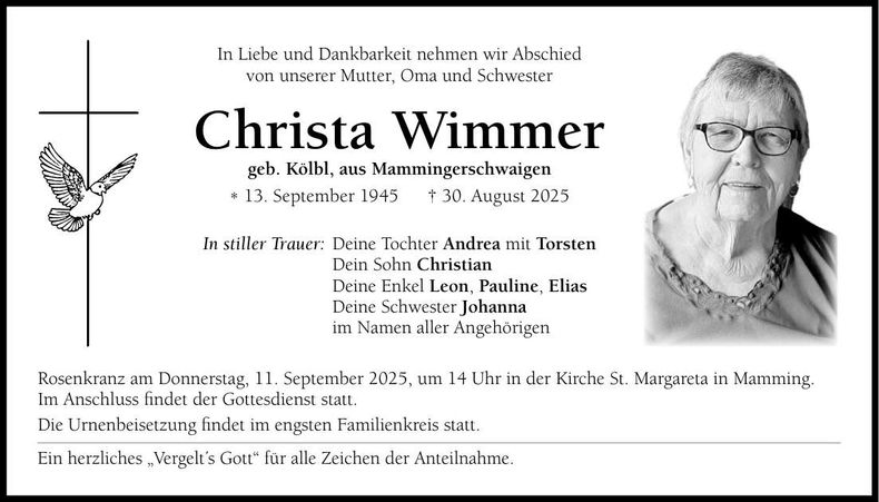 Traueranzeige Christa Wimmer