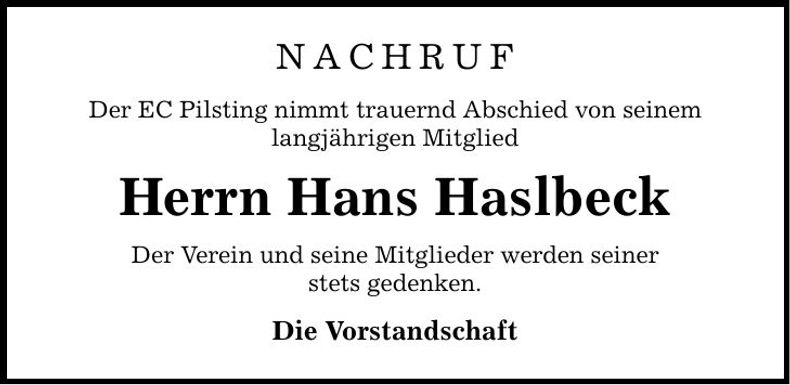 Traueranzeige Hans Haslbeck