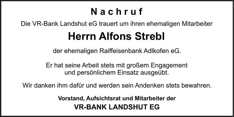 Traueranzeige Alfons Strebl