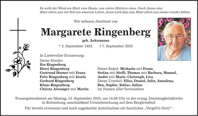 Traueranzeige Margarete Ringenberg