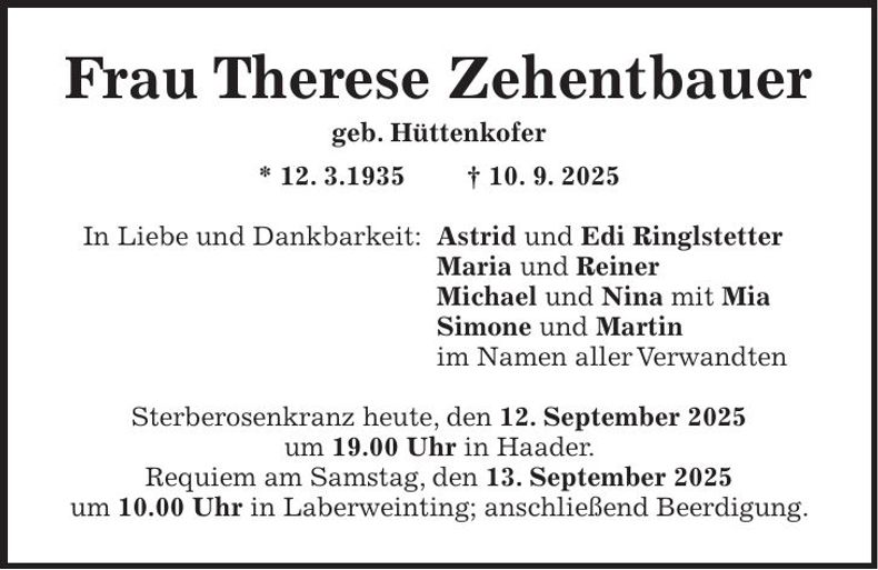Traueranzeige Therese Zehentbauer
