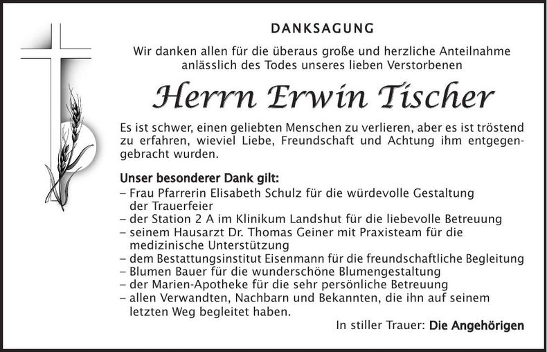 Traueranzeige Erwin Tischer