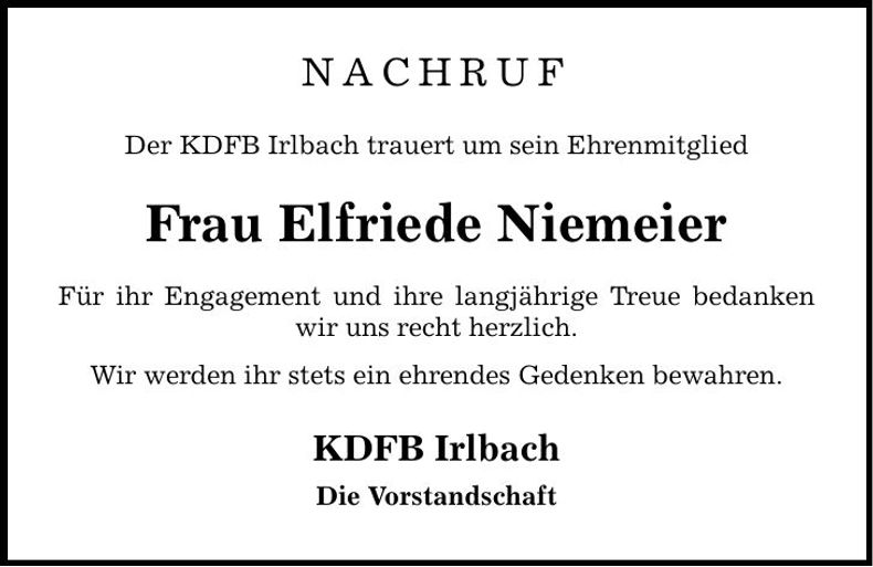 Traueranzeige Elfriede Niemeier