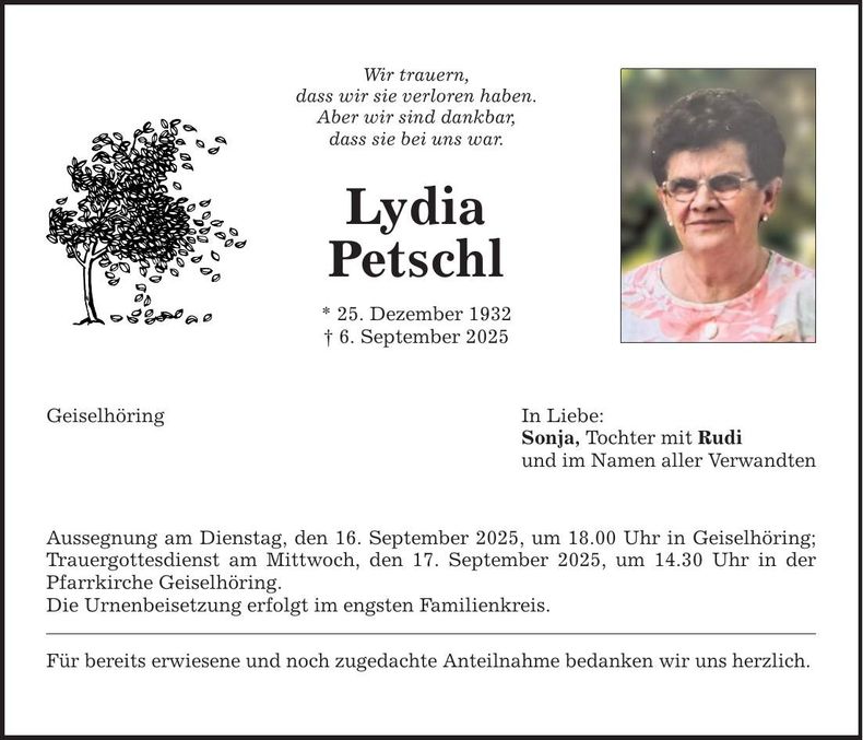 Traueranzeige Lydia Petschl