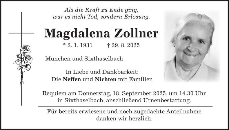 Traueranzeige Magdalena Zollner