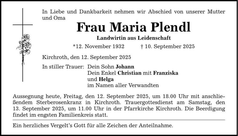 Traueranzeige Maria Plendl
