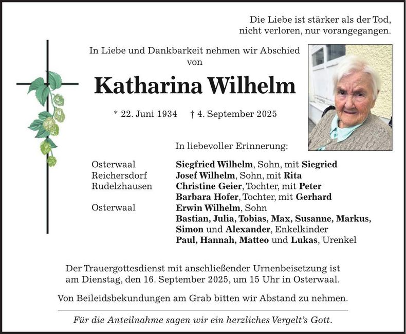 Traueranzeige Katharina Wilhelm