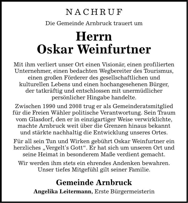 Traueranzeige Oskar Weinfurtner