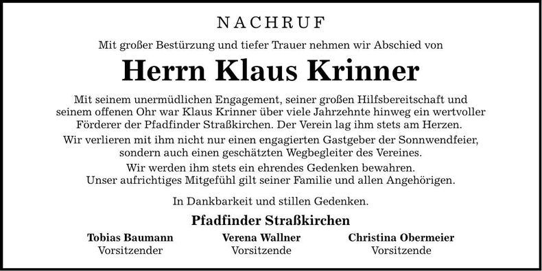 Traueranzeige Klaus Krinner