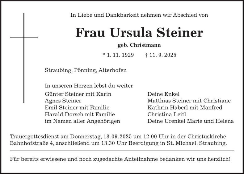 Traueranzeige Ursula Steiner