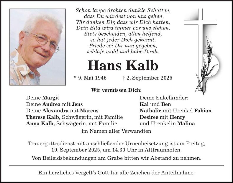 Traueranzeige Hans Kalb