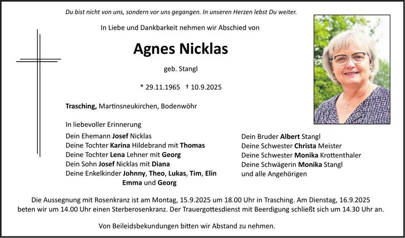 Traueranzeige Agnes Nicklas