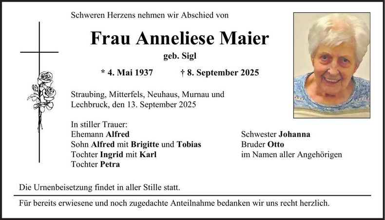 Traueranzeige Anneliese Maier