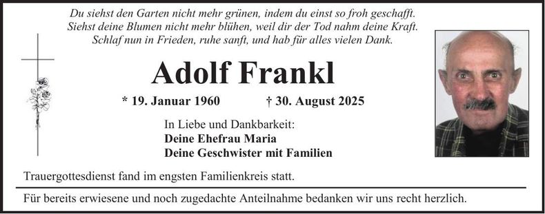 Traueranzeige Adolf Frankl