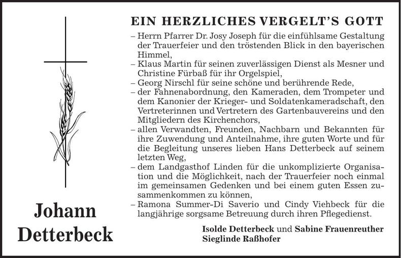 Traueranzeige Josef Detterbeck