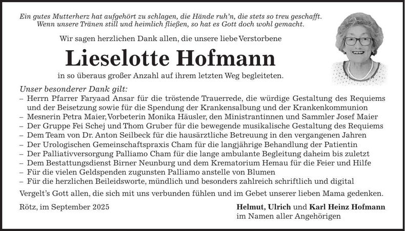 Traueranzeige Lieselotte Hofmann