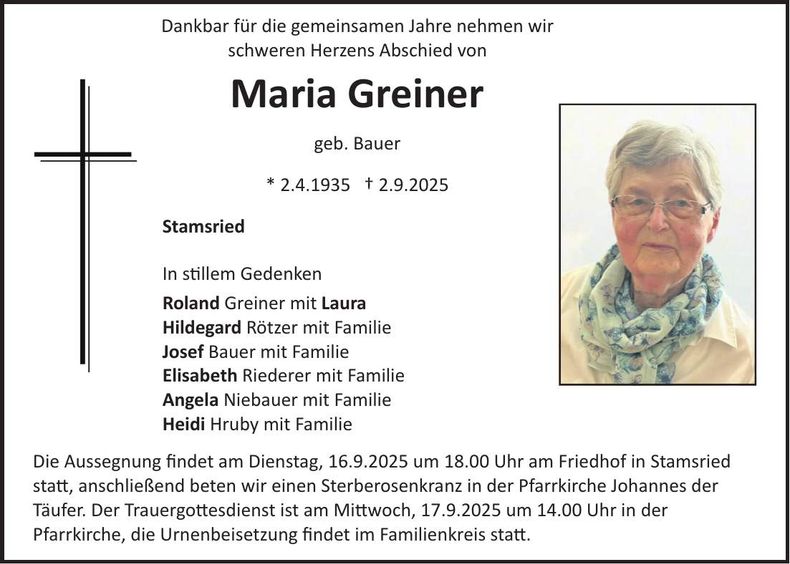 Traueranzeige Maria Greiner