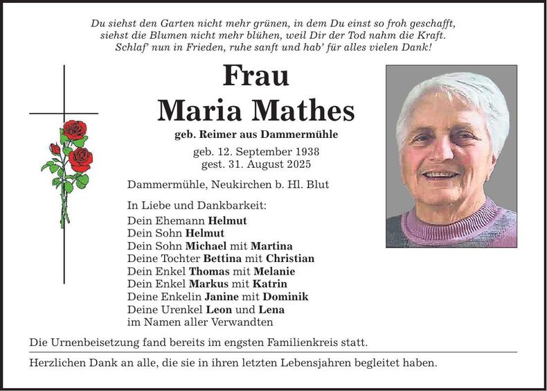 Traueranzeige Maria Mathes