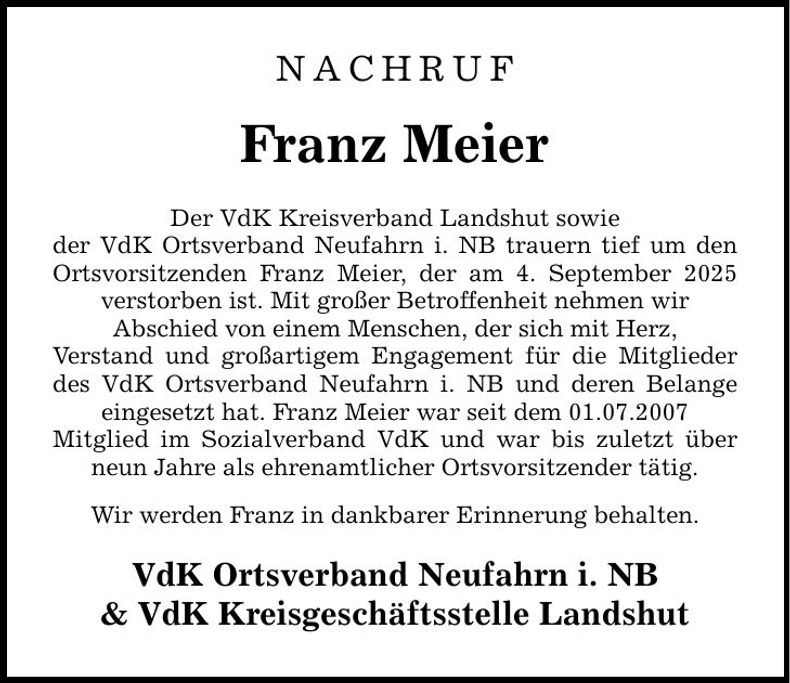 Traueranzeige Franz Meier