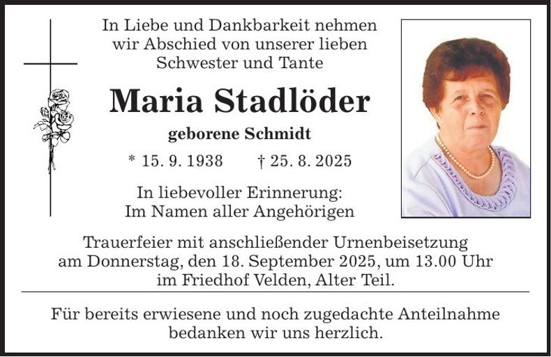 Traueranzeige Maria Stadtlöder
