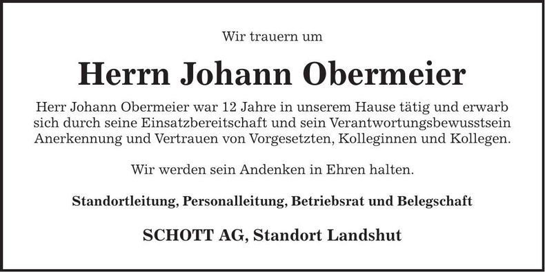 Traueranzeige Johann Obermeier