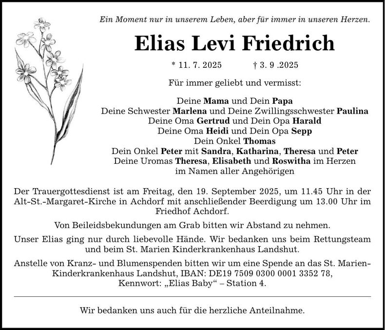 Traueranzeige Elias Levi Friedrich