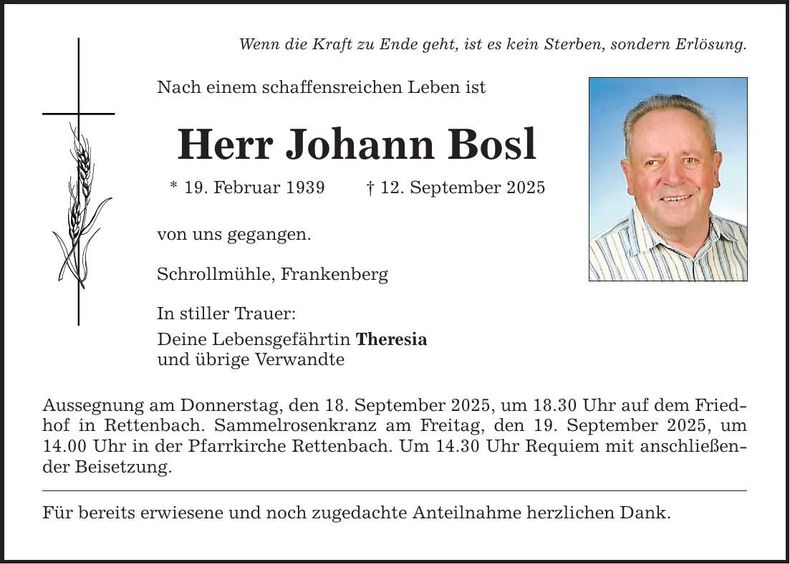 Traueranzeige Johann Bosl