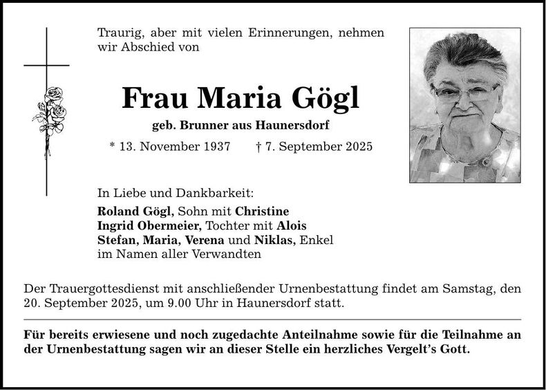 Traueranzeige Maria Gögl