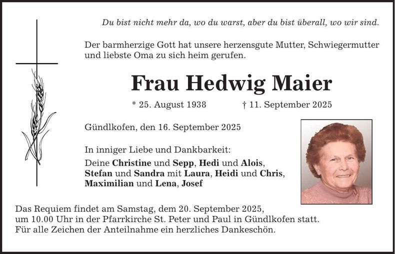 Traueranzeige Hedwig Maier
