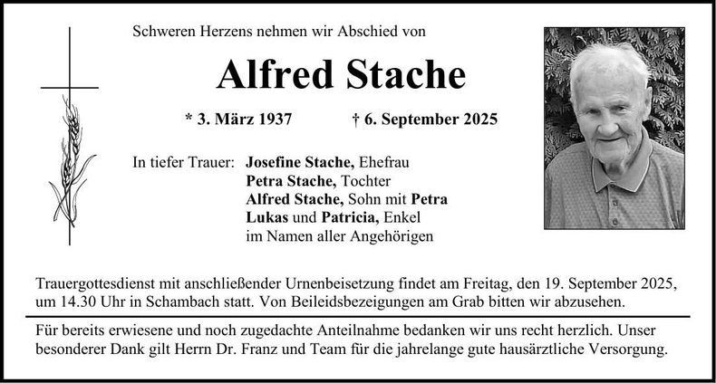 Traueranzeige Alfred Stache