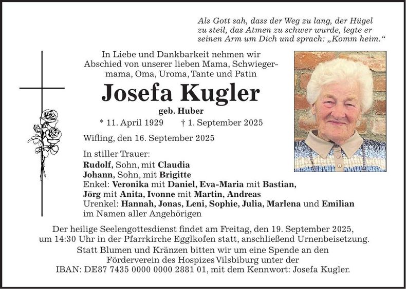 Traueranzeige Josefa Kugler