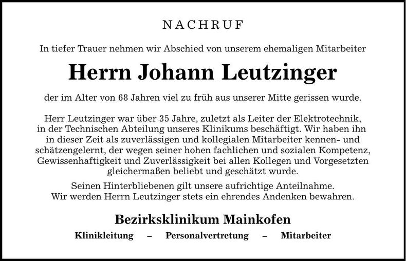 Traueranzeige Johann Leutzinger