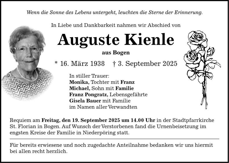 Traueranzeige Auguste Kienle