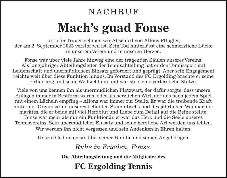 Traueranzeige Alfons Pflügler