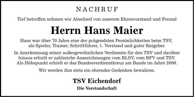 Traueranzeige Hans Maier