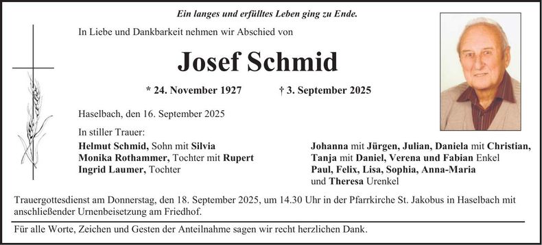 Traueranzeige Josef Schmid